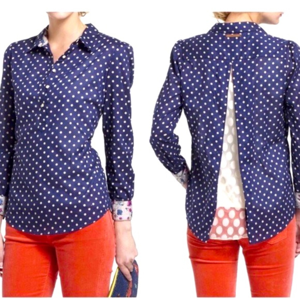 Birds of Paradis by Trovata Navy Polka Dot Lace Back Blouse with Floral Cuffs
